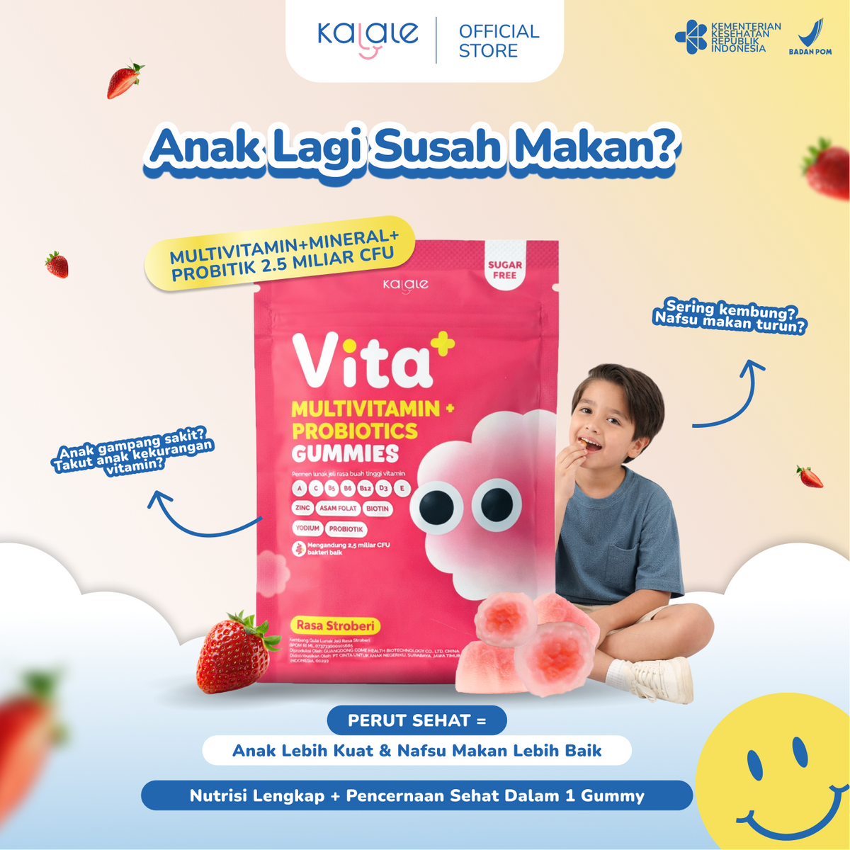 Kalale Vita+ Multivitamin + Probiotics Gummy Strawberry | Vitamin Anak Sugar Free Gummies | Mengandung 2.5 Miliar Probiotik Baik