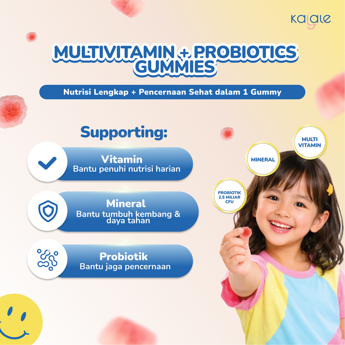 Kalale Vita+ Multivitamin + Probiotics Gummy Strawberry | Vitamin Anak Sugar Free Gummies | Mengandung 2.5 Miliar Probiotik Baik - Image 4