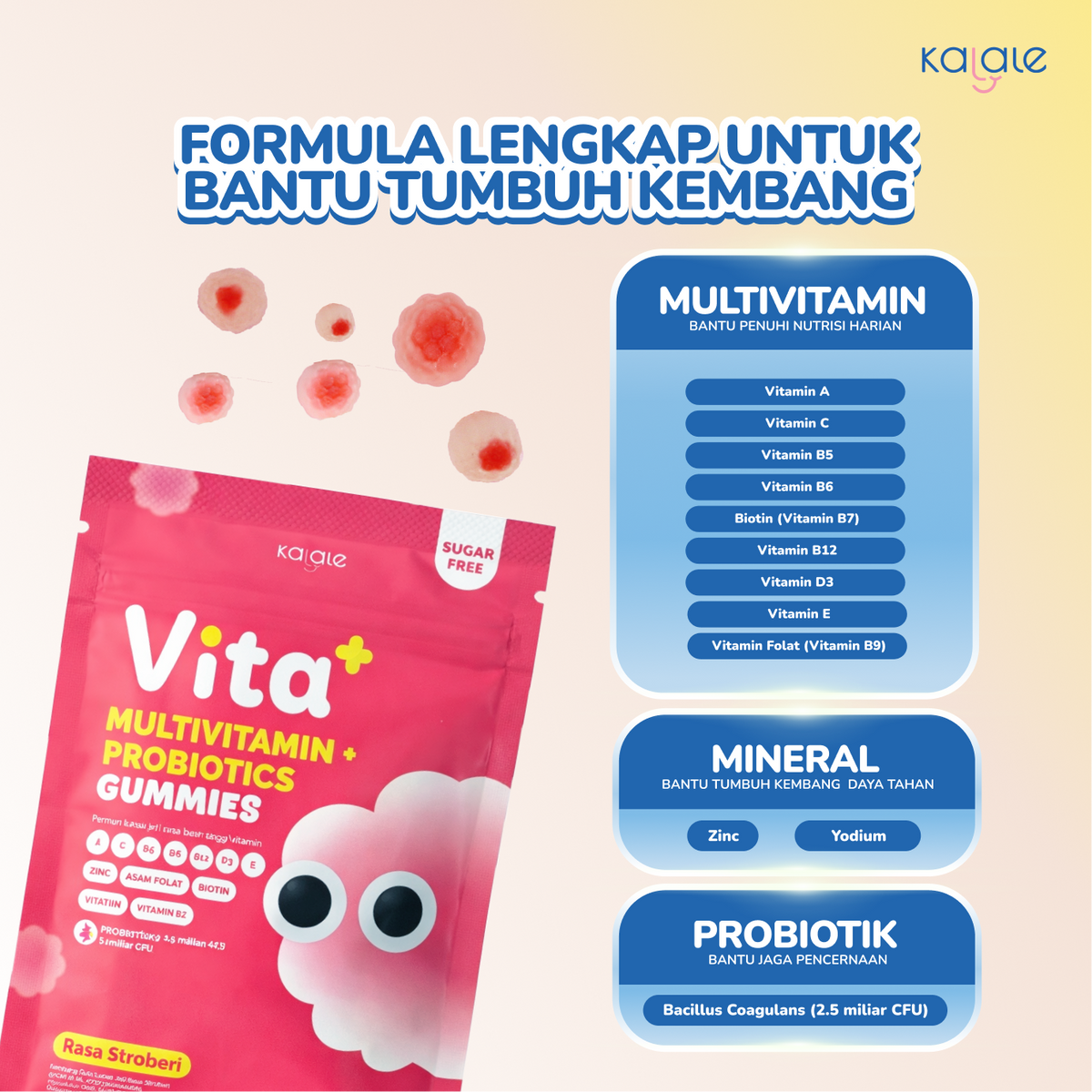 Kalale Vita+ Multivitamin + Probiotics Gummy Strawberry | Vitamin Anak Sugar Free Gummies | Mengandung 2.5 Miliar Probiotik Baik - Image 6